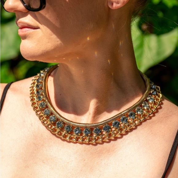 Peep Toe Statement Choker in Metallic Gold and Light Blue - Picture 2 of 6
